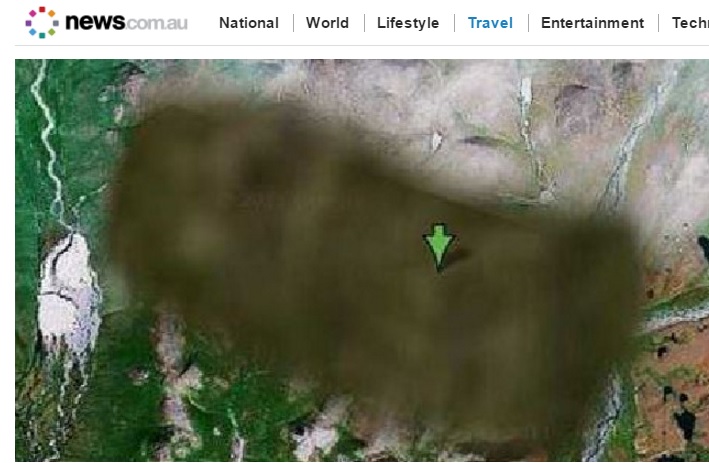 谷歌地圖上俄羅斯西伯利亞凍土帶有1塊模糊區域，據傳就是隱藏版的「秘密城市」之一。   圖：翻攝網路