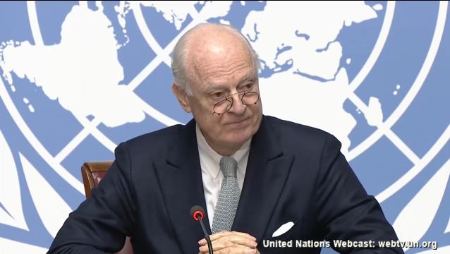 聯合國特使德米斯圖拉日前在聯合國召開記者會，說明推動敍利亞和談的努力。   圖：翻攝聯合國官網