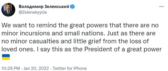 烏克蘭總統弗拉基米爾‧澤連斯基對拜登一番話感到不滿，在推特發文「提醒」。   圖：翻攝自弗拉基米爾‧澤連斯基Twitter