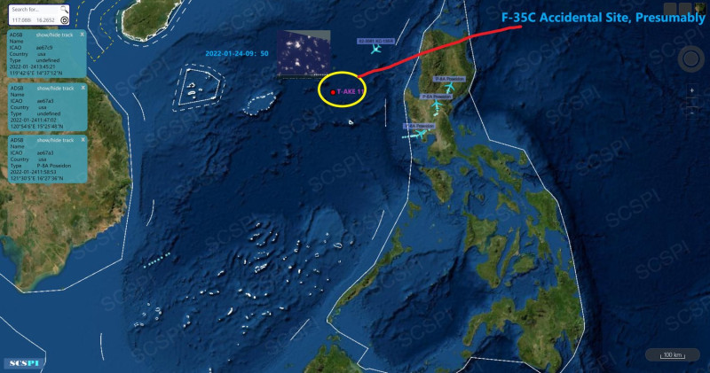 中國智庫推測24日美軍F-35C墜海地點可能在黃岩島北方海域。   圖：翻攝SCS Probing Initiative推特
