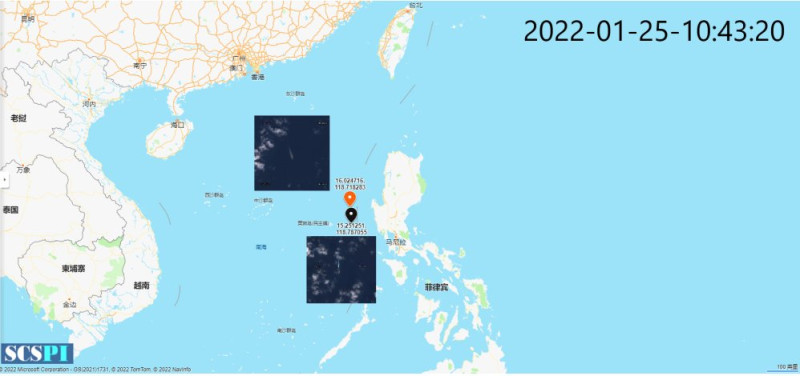 中國智庫稱美2航母打擊群25日上午10時位置在黃岩島與菲律賓間海域。   圖：翻攝SCS Probing Initiative推特
