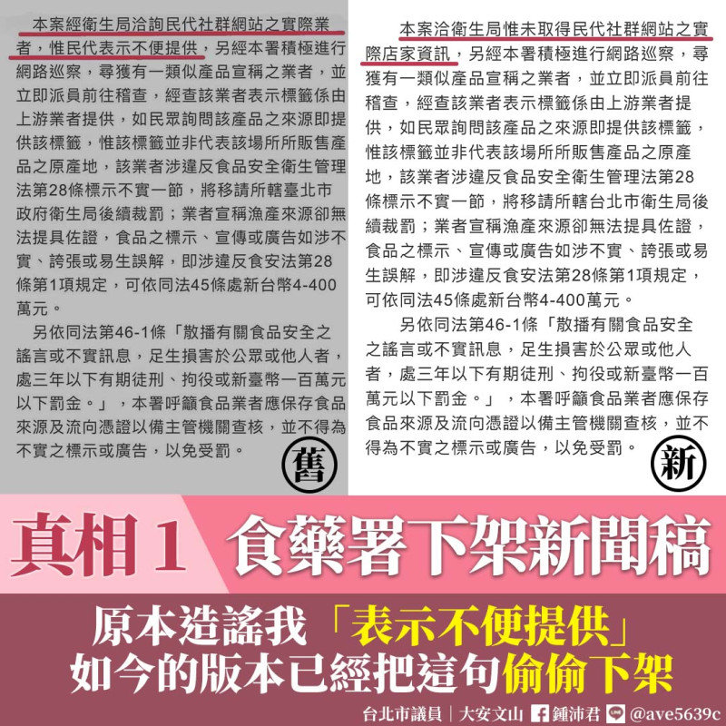 鍾沛君批評,食藥署的新聞稿中偷偷下架「惟民代表示不願提供」這句話。 圖:擷取自鍾沛君臉書