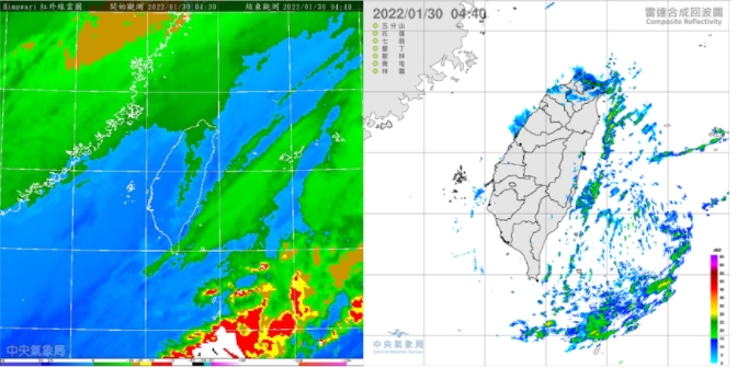 今天4：30紅外線雲圖顯示中雲層已東移，迎風面低雲仍多(左)。4：40雷達回波合成圖顯示，迎風面北部及東部近海有降水回波(右)。   圖/「三立準氣象· 老大洩天機」專欄