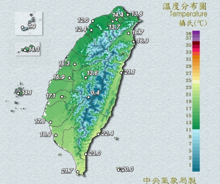 截止至今(30)日11時，全台溫度分布圖，受冷氣團影響，各地會越晚越冷。   圖：氣象局／提供