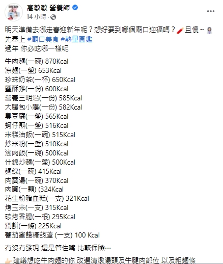 營養師分享廟口美食熱量一覽。   圖：翻攝自高敏敏營養師臉書