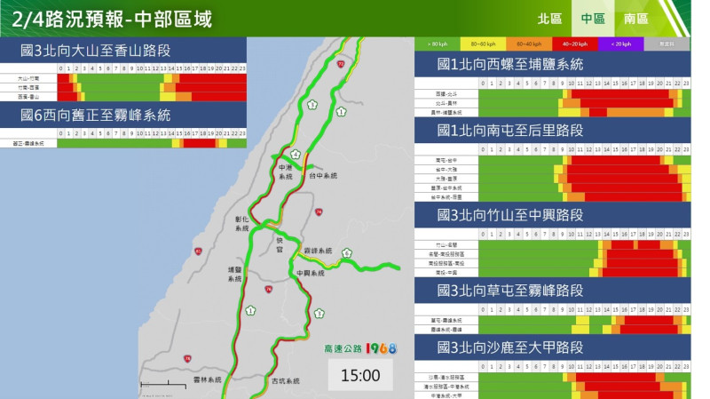 初四國道中部路段北向路況預報。   圖：交通部高速公路局／提供