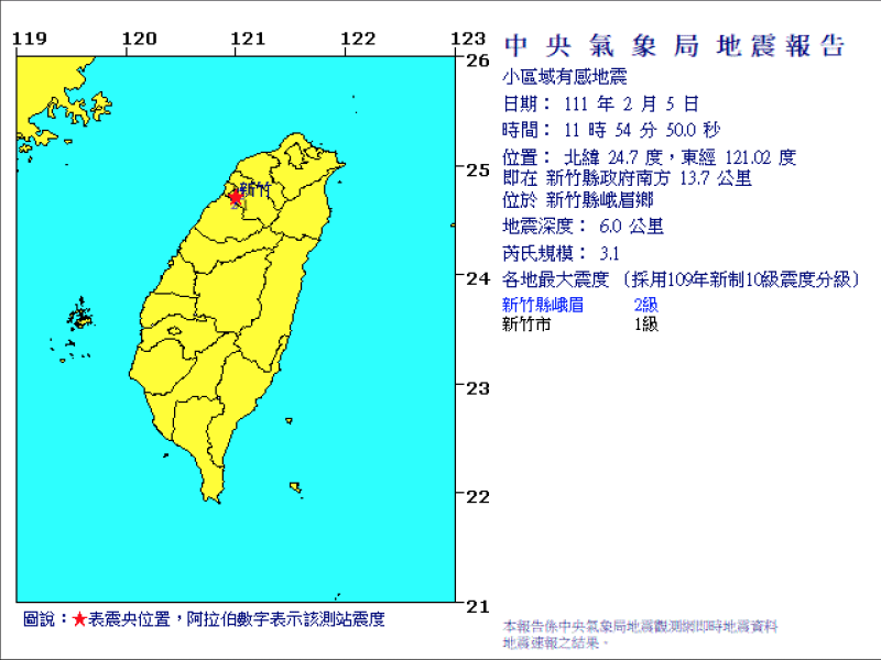 新竹峨眉今2分鐘連2震。   圖：中央氣象局/提供