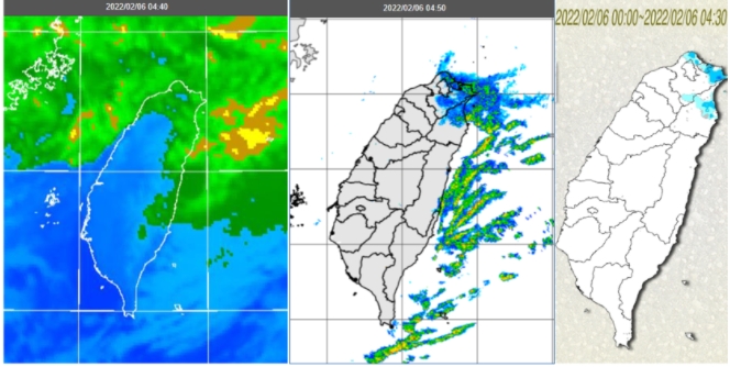 紅外線雲圖顯示，迎風面雲層仍多(左圖)。雷達回波合成圖顯示，回波大多在東側海上，大台北有弱回波(中圖)。累積雨量圖顯示，北海岸、東北部有局部降雨，大台北東側則有零星少量飄雨(右圖)。   圖/「三立準氣象．老大洩天機」專欄