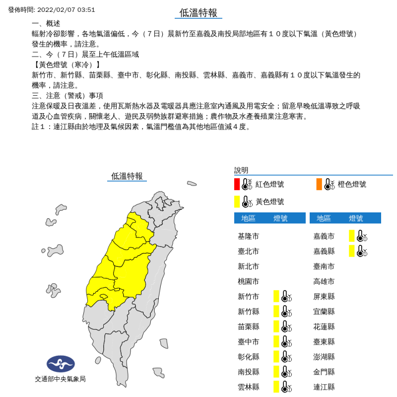 受到輻射冷卻影響，今天各地清晨氣溫偏低，從新竹縣市到嘉義縣市，都有攝氏10度以下氣溫發生機率。   圖：中央氣象局/提供