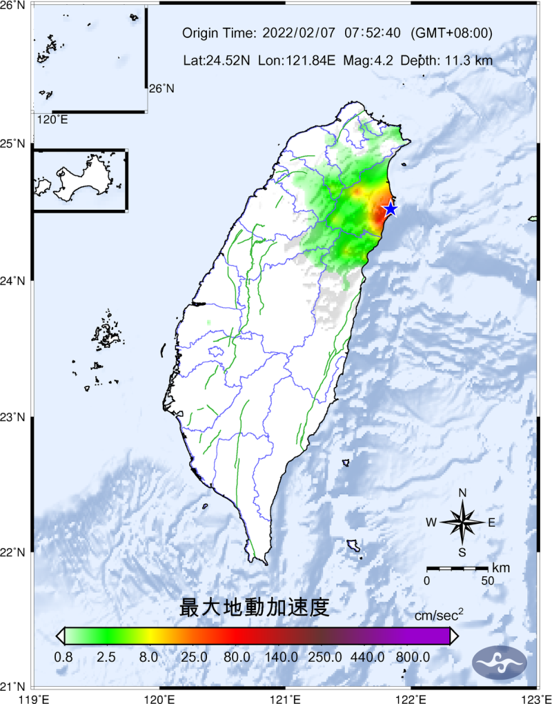 宜蘭近海今日上午發生規模4.2地震（圖為最大地動加速度圖）。   圖：中央氣象局／提供