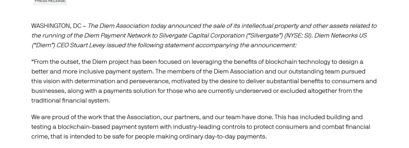 Diem於1/31在官網發表聲明，表示已賣給Silvergate Bank。   圖：截自Diem官網