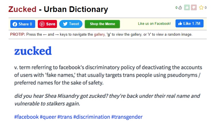 越來越多人莫名其妙「被祖」（Zucked），已經使得這個詞彙被收入辭典。   圖：翻攝自Urban Dictionary