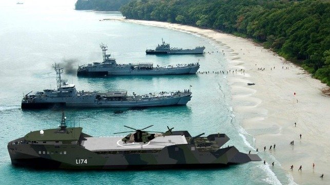 美國海軍和海軍陸戰隊擬議開發「輕型兩棲戰艦」(LAW)。圖為美軍海運解決方案示意圖。   圖：翻攝US Navy