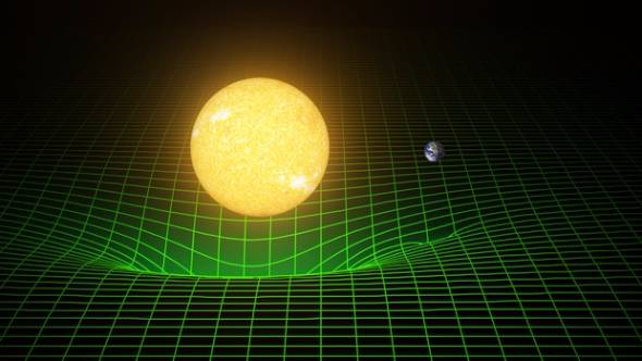 根據廣義相對論，巨大的質量會扭曲時空。所謂重力波，就是這樣的扭曲會變成波動，以光速傳播。圖像為以太陽為例，所扭曲的時空形象。   圖：LIGO