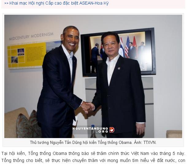 美國總統歐巴馬（左）接受越南總理阮晉勇邀請，將於5月造訪越南。   圖：翻攝阮晉勇臉書/nguyentandung.org