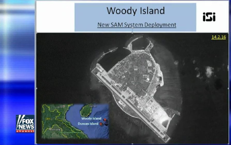美國福斯新聞17日引用1張民間衛星機構 ImageSat International（ISI）的衛星空照報導，指中國早已在西沙群島永興島部署飛彈。   圖：翻攝福斯新聞