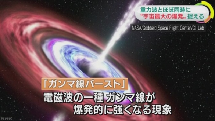 就在全世界驚喜於觀測到「重力波」的時刻，幾乎同時間人造衛星也捕捉到被稱為「宇宙最大爆炸」的「伽瑪射線暴」。   圖：翻攝自NHK