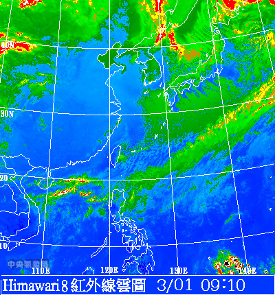 衛星雲圖可見台灣上空幾乎沒有雲層，大多數地區天氣晴朗，但氣象局提醒早晚須防溫差過大。   圖：翻攝中央氣象局官網