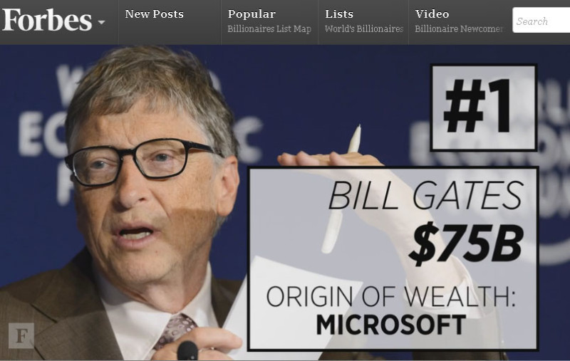 微軟創辦人比爾．蓋茲以750億美元的資產，連續3年登上富比世富豪榜冠軍。   圖：翻攝富比世官網