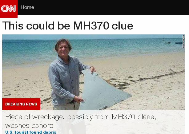 美國官員2日表示，在非洲莫三比克Paluma Sandbank發現的飛機部分殘骸，與失蹤的MH370班機同一機型。   圖：翻攝CNN官網