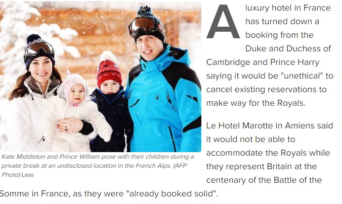 法國亞眠市(Amiens)的馬洛特酒店(Le Hotel Marotte)因為訂房早已爆滿，婉拒招待英國威廉王子一家人。   圖：翻攝英國《獨立報》