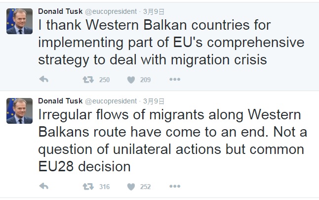 西巴爾幹國家接連關閉邊境，歐洲理事會主席圖斯克（Donald Tusk）9日在推特（Twitter）連續兩則推文表示肯定之意。   圖：翻攝Donald Tusk推特