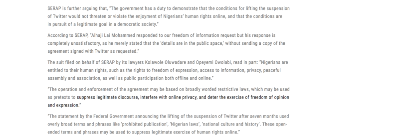 非營利組織SERAP向奈及利亞政府提出訴訟，要求公開政府與推特的條款。   圖：截自SERAP官網