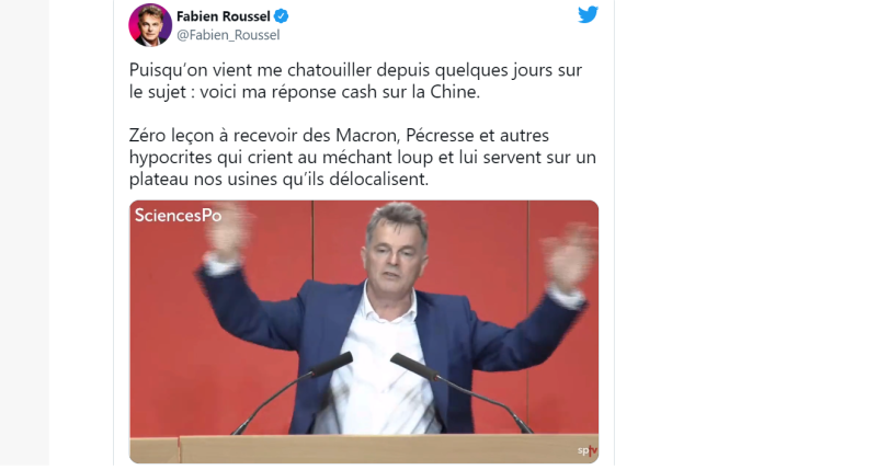 魯塞爾 16 日在推特上張貼 15 日晚上在巴黎政治學院（Sciences Po）的演說作為回應，試圖澄清前幾日在政論節目上的失言。   圖：擷取自@Fabien_Roussel推特