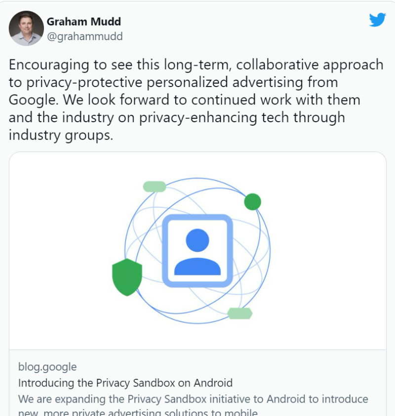 Meta 副總裁 Graham Mudd支持Google的隱私沙盒政策。   圖：翻攝自Graham Mudd  Twitter 
