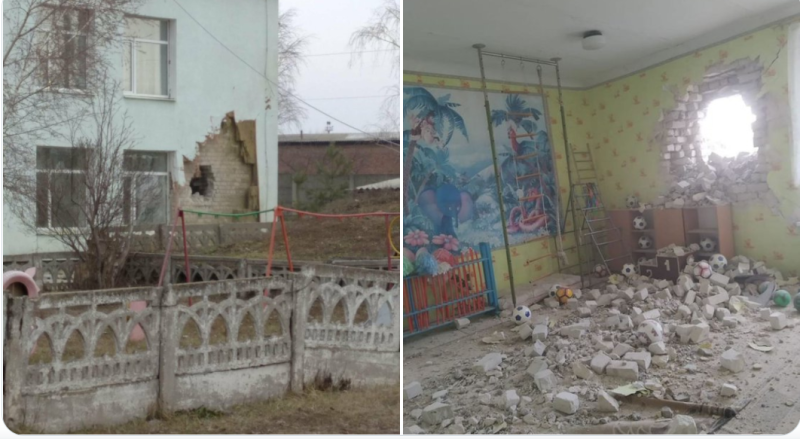 有炮彈擊中盧甘斯克地區一間幼稚園，雖無孩童傷亡，但造成兩名幼稚園老師腦震盪，且建築物嚴重受損。   圖：取自@ChristopherJM推特