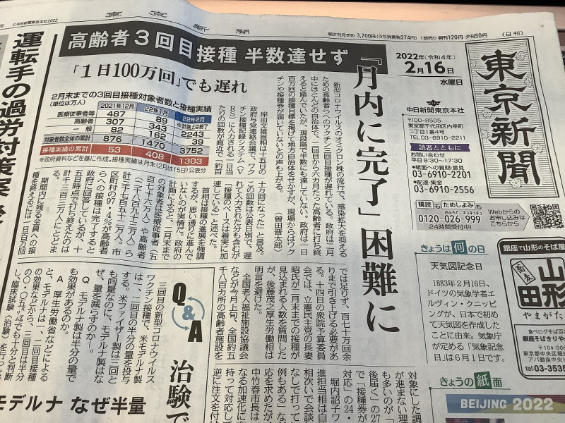日新冠死單日連續3天200多人，9成是高齡者，應加緊追加接種，但岸田所說2月底前打完是完全不可能的。 圖：攝自東京新聞