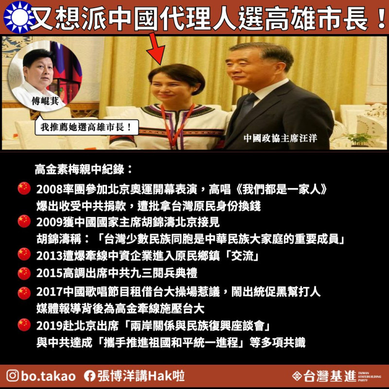 台灣基進轟國民黨直接派中共代理人選高雄市長。   圖:翻攝張博洋臉書