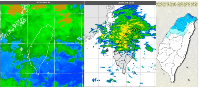 根據19日4：50紅外線雲圖顯示，「鋒面」雲層籠罩中部以北(左圖)。5時雷達回波合成圖顯示，中部以北降水回波不斷移入(中圖)。4：30時累積雨量圖顯示，中部以北明顯降雨(右圖)。   來源：「三立準氣象·老大洩天機」專欄