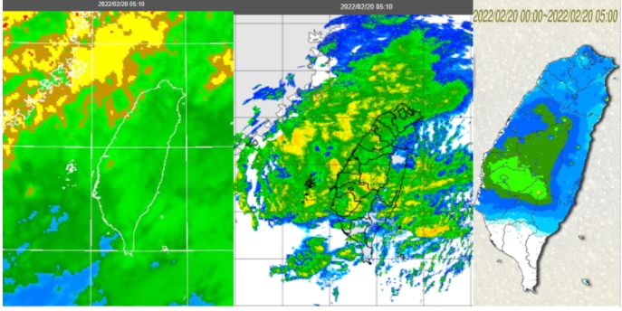 20日5：10紅外線雲圖顯示，台灣上空佈滿中低雲(左圖)。5：10雷達回波合成圖顯示，台南以北有降水回波(中圖)。5時累積雨量圖顯示，各地有降雨，南台灣雨最少(右圖)。   