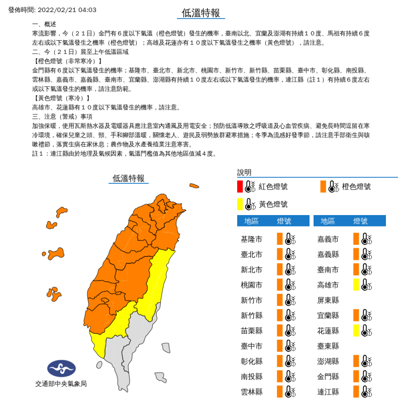 中央氣象局持續發布低溫特報。   圖：中央氣象局／提供