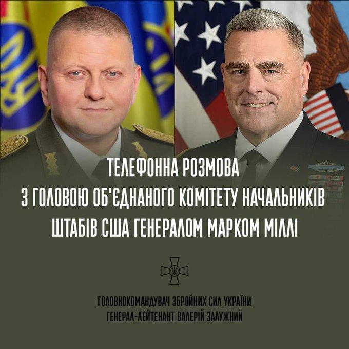 烏克蘭武裝部隊總司令扎盧茲尼（左）在臉書表示，與美參謀長聯席會議主席麥利通電話，對烏克蘭週邊安全情況進行交換評估。   圖：翻攝自扎盧茲尼臉書