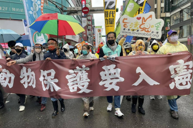 律師陳妙真(中)冒雨參加「動保入憲」大遊行。   圖：律師陳妙真提供