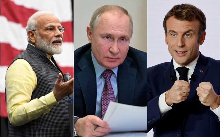 印度總理莫迪、俄羅斯總統普丁、法國總統馬克宏   圖：莫迪臉書、達志影像／美聯社、路透社（資料照片）