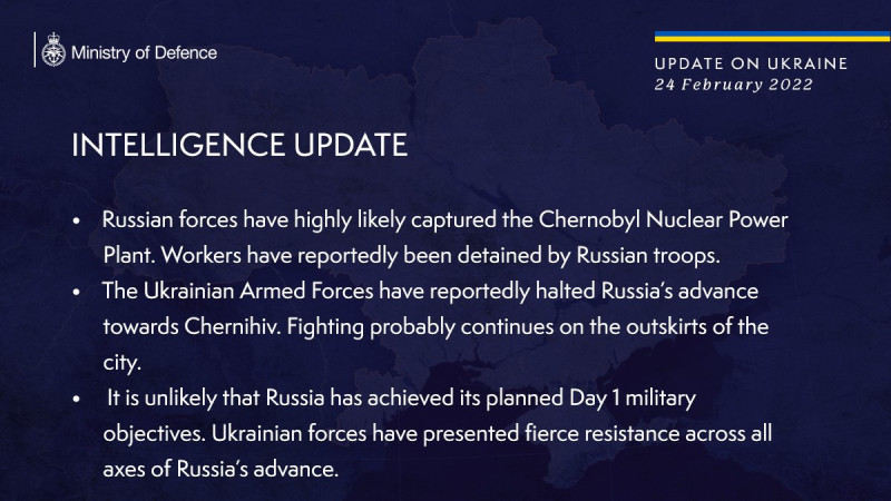 英國防部情報指出，俄軍可能沒達成第一天的目標。   圖:Ministry of Defence推特