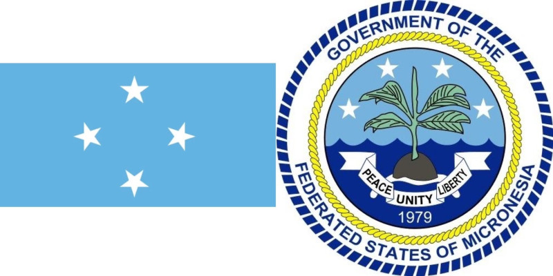 西太平洋島國密克羅尼西亞聯邦（Micronesia）國旗（左）及國徽（右）。（資料照）   圖：擷取自Office of the President, Federated States of Micronesiaxu臉書（新頭殼合成）