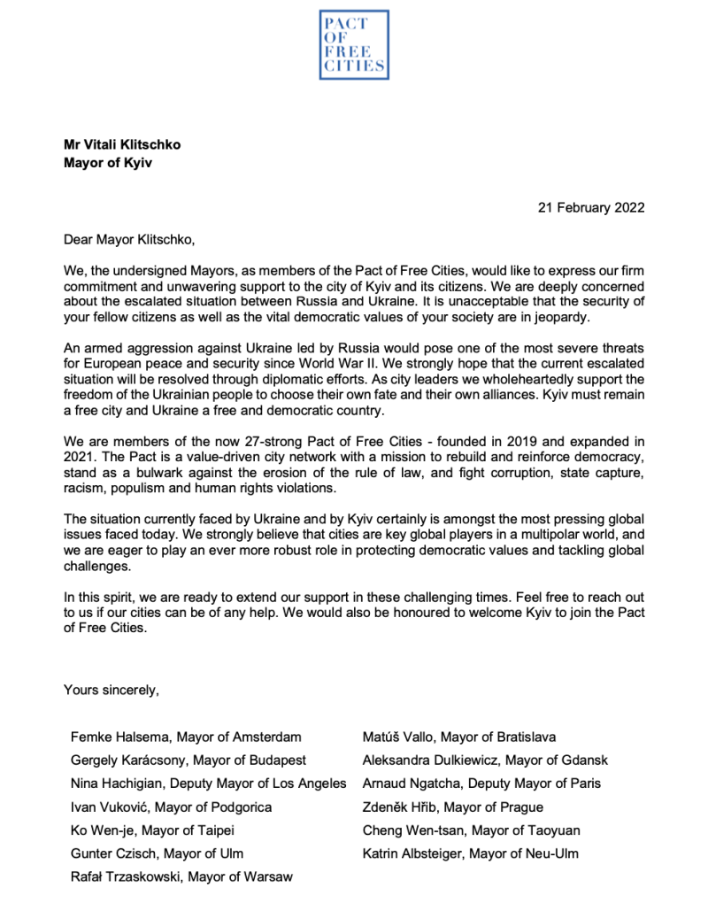 台北市長柯文哲與許多大城市市長寫信給烏克蘭首都基輔市長表達關注。   圖：台北市政府 / 提供