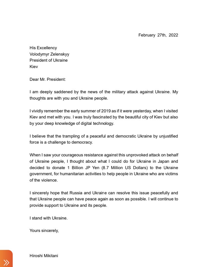 三木谷浩史給烏克蘭總統澤連斯基（Volodymyr Zelensky）的信。   圖：翻攝自三木谷浩史推特