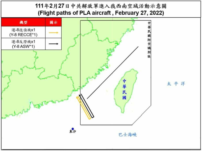 今（27）日運-8技偵機、運-8反潛機各1架次於日間侵擾台灣西南防空識別區（ADIZ）。   圖：擷自國防部官網