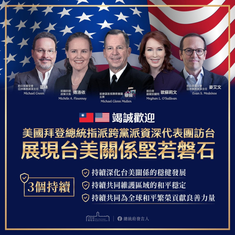 總統府宣布，美國拜登總統指派跨黨派資深代表團，將於3月1日至2日搭乘行政專機訪問台灣。   圖：總統府發言人臉書