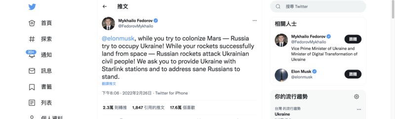 烏克蘭副總理在個人推特發文請馬斯克啟動星鏈計畫。   圖：截自Mykhailo Fedorov推特