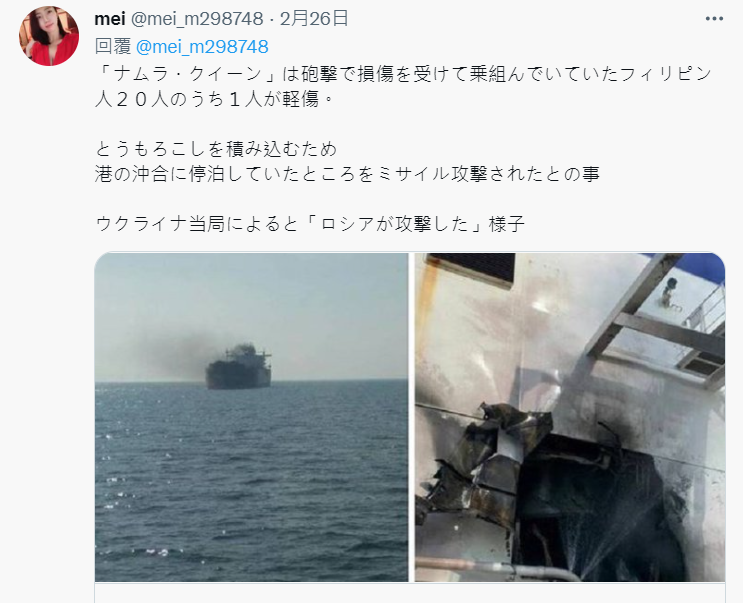 25 日一艘日本貨船在烏克蘭南部海域遭到意外砲擊。   圖:翻攝自推特