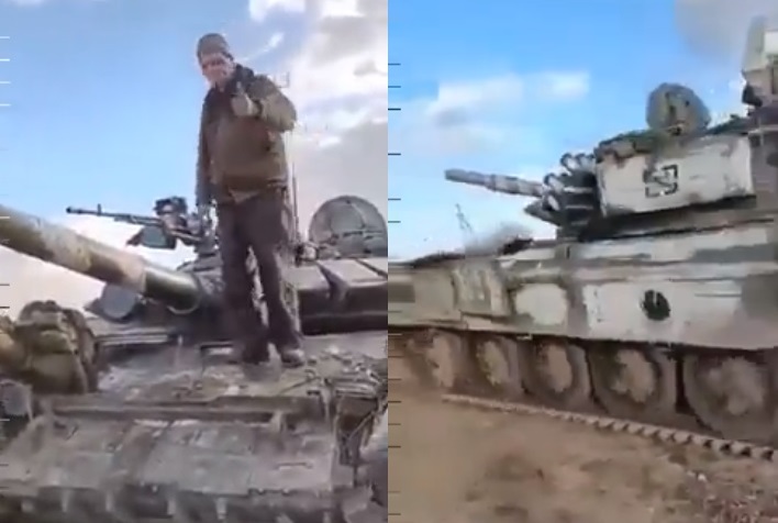俄軍遺棄功能健全的T-72主戰坦克，遭烏克蘭民兵拾獲開走。   圖:翻攝自推特