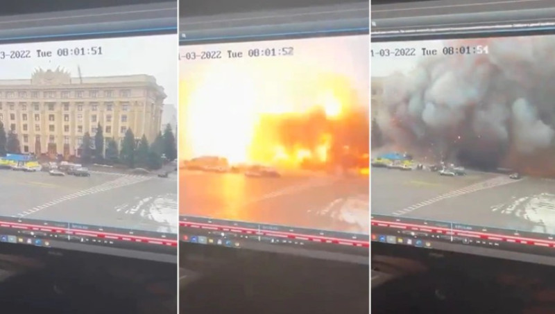 一段導彈命中哈爾科夫市政府廣場的影片被上傳網路，恐怖的威力炸出巨大火球。   圖：翻攝推特