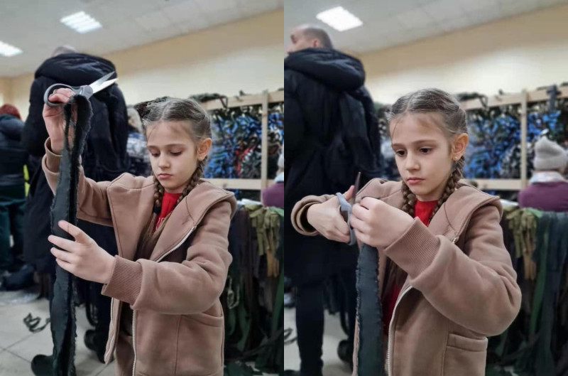 Tanya表示在烏克蘭的小姪女在為軍人做「迷彩網」。   圖：翻攝自我與我的烏克蘭老婆Tanya FB(@我與我的烏克蘭老婆Tanya)