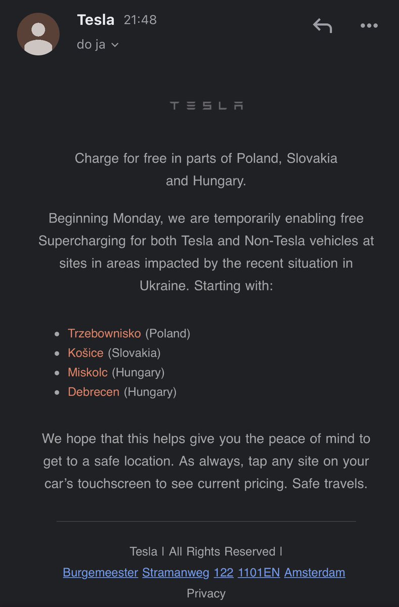 Tesla發送給車主的電郵中指出，開放波蘭、斯洛伐克、匈牙利等地共四處超級充電站，非特斯拉車款也可使用。   圖：翻攝自Twitter